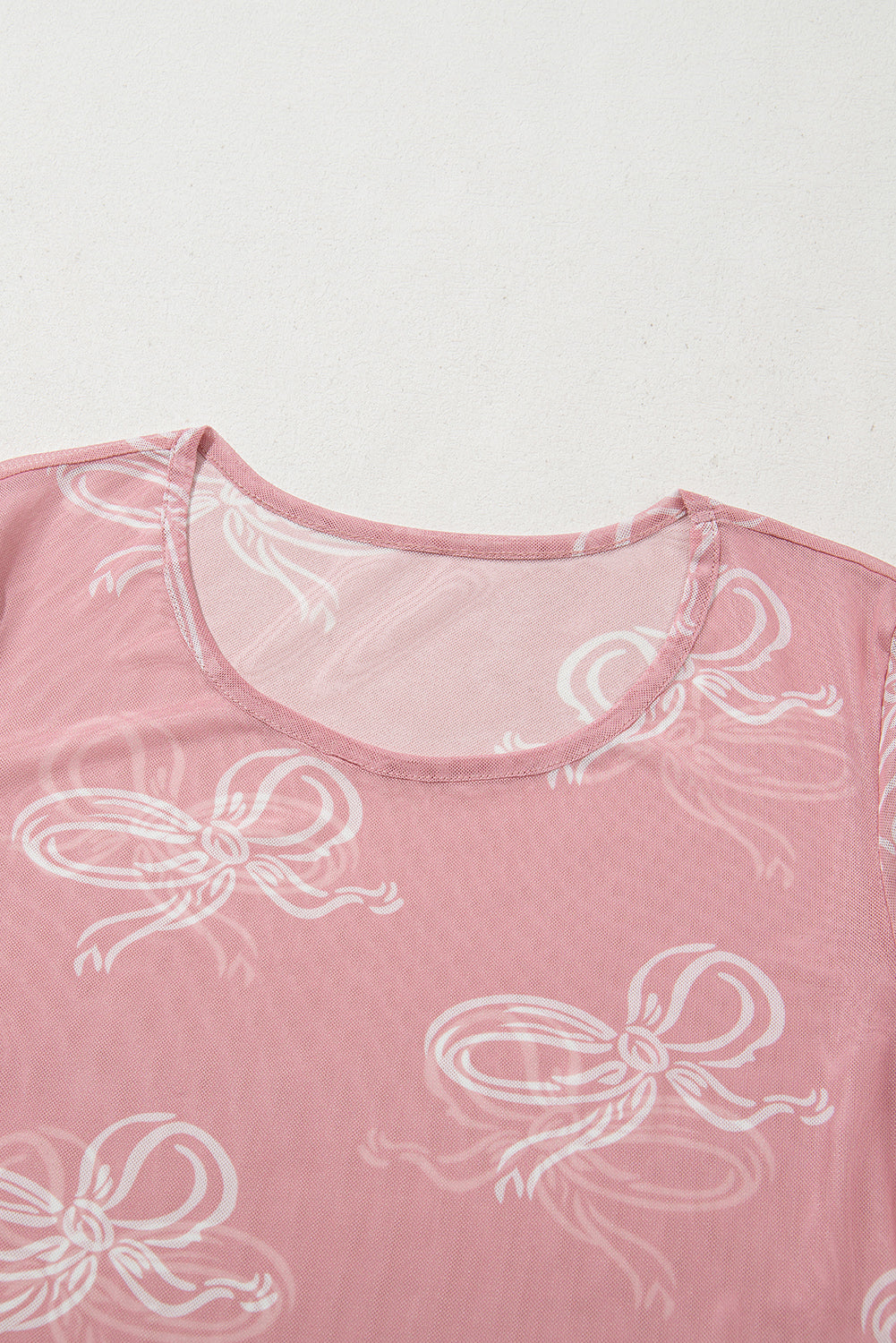 Pink Round Neck Bow Print Long Sleeve Mesh Top-Chaelisa's New Jammies