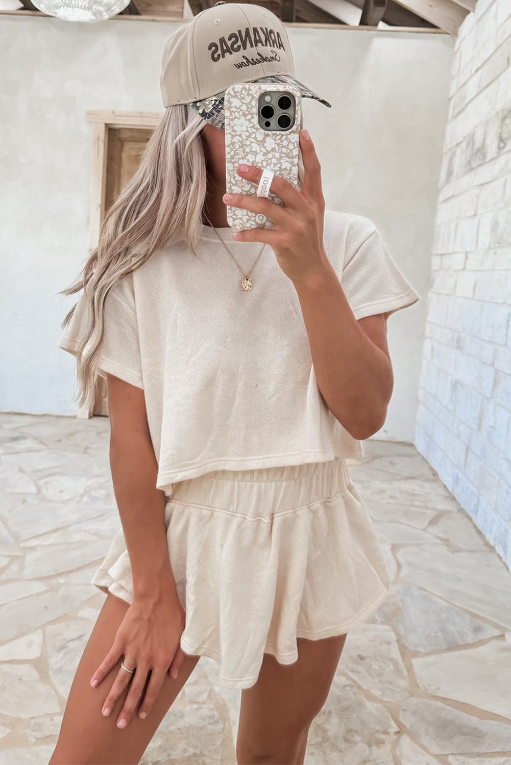 Beige 2pcs Cropped Tee and Ruffle High Waist Skort Set-Chaelisa's New Jammies