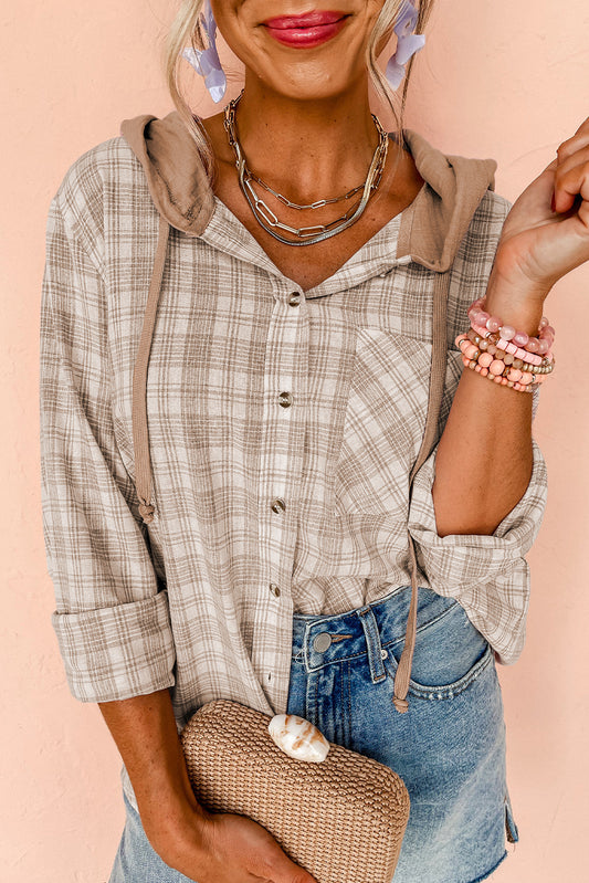 Khaki Checkered Print Loose Fit Buttoned Hooded Shacket-Chaelisa's New Jammies