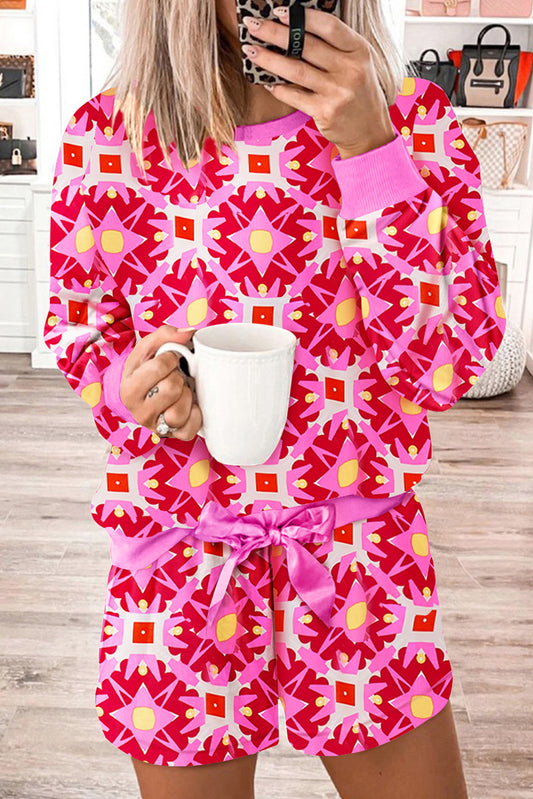 Sachet Pink Geometric Print Long Sleeve Top and Drawstring Shorts Set-Chaelisa's New Jammies