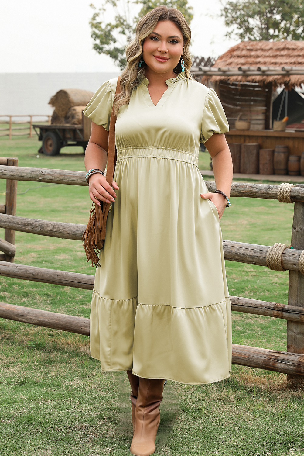 Laurel Green Notched V Neck Puff Sleeve Tiered Plus Size Maxi Dress-Chaelisa's New Jammies