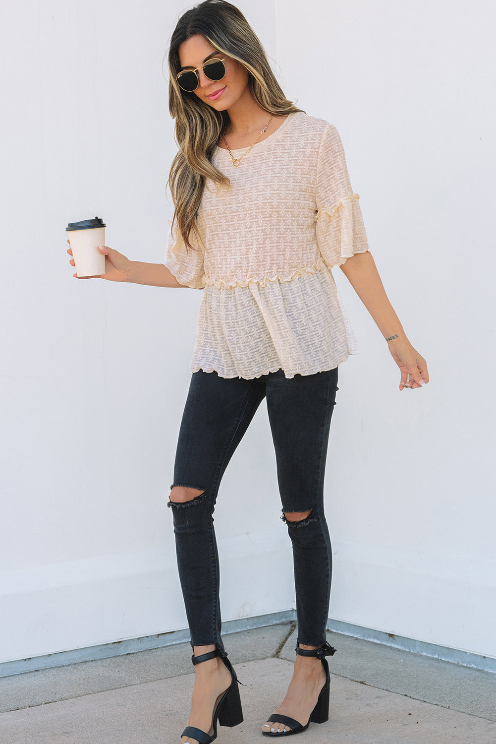 Beige Solid Color Textured Ruffled Short Sleeve Blouse-Chaelisa's New Jammies