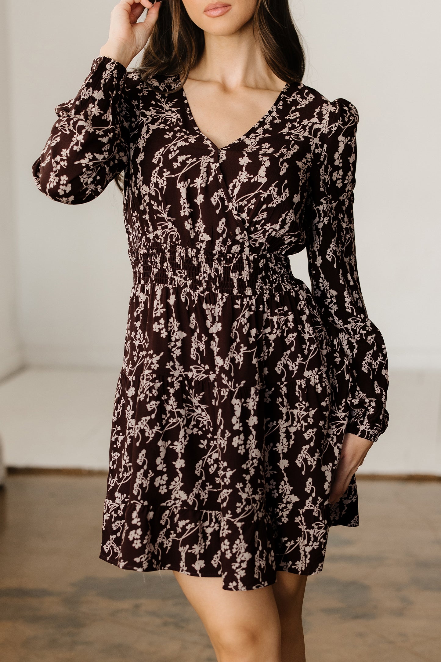 Brown Ditsy Floral Print Split Neck Long Sleeve Shirred Waist Flared Mini Dress