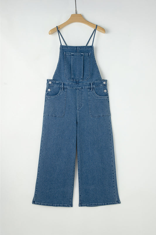 Dusk Blue Adjustable Tie Straps Cropped Wide Leg Denim Overalls-Chaelisa's New Jammies