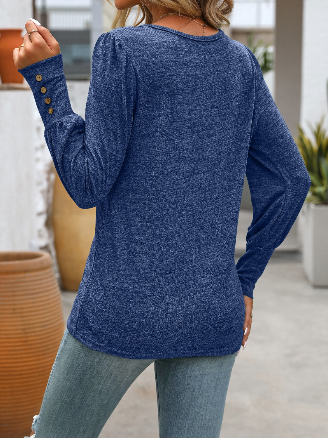 Decorative Button Round Neck Long Sleeve T-Shirt-Chaelisa's New Jammies