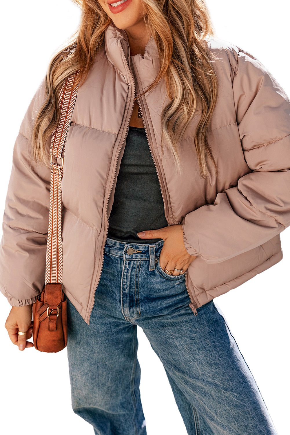 Apricot Pink Full Zipper Quilted Puffer Jacket-Chaelisa's New Jammies