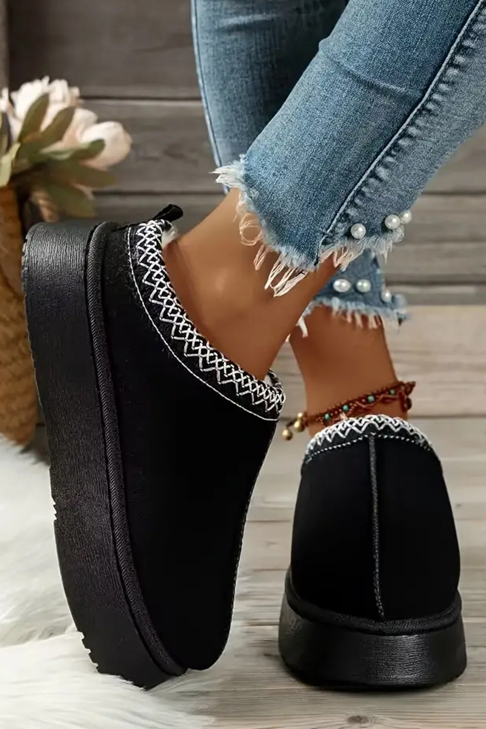 Black Contrast Print Suede Plush Lined Snow Boots-Chaelisa's New Jammies