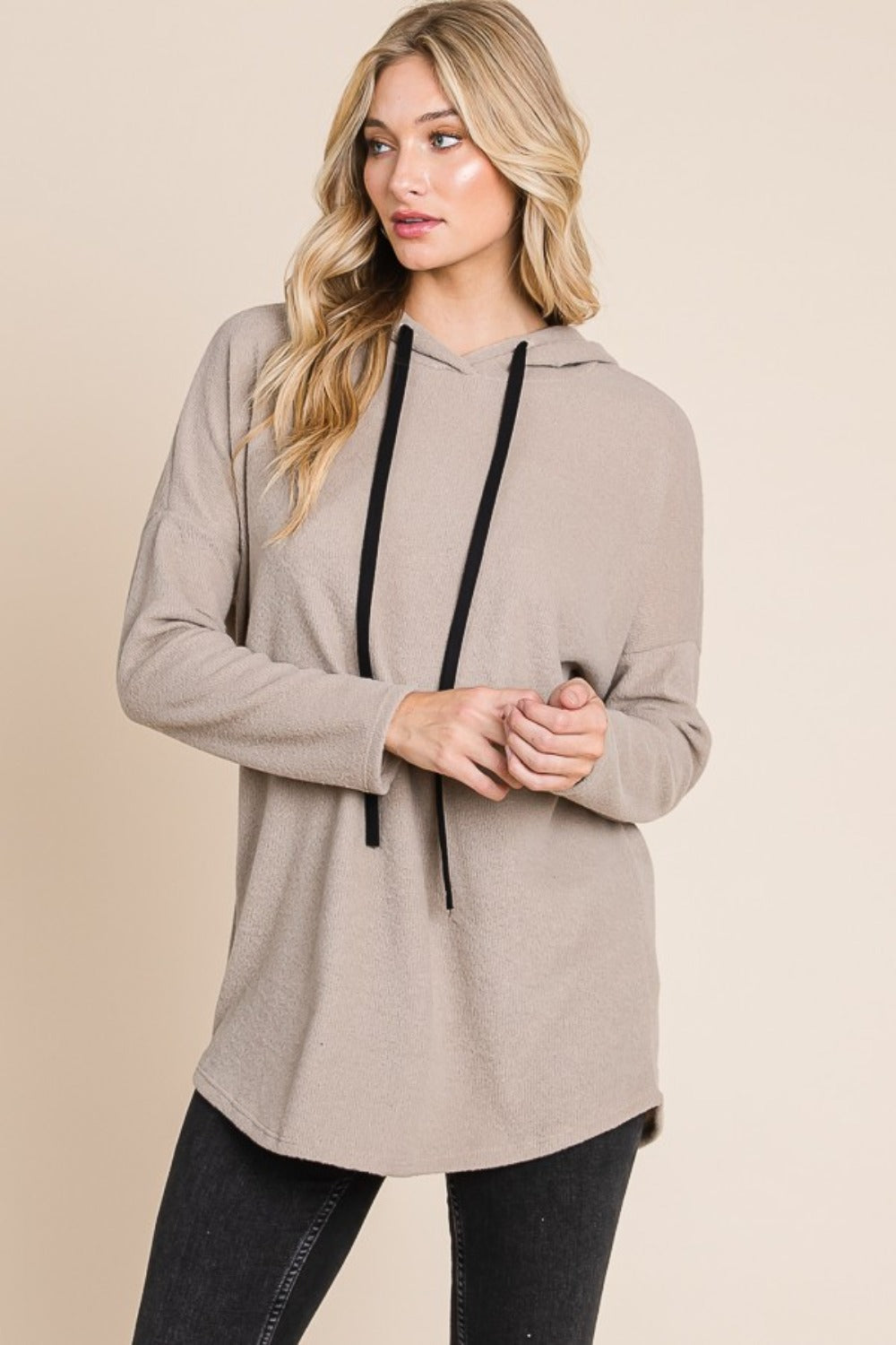 BOMBOM Contrast Drawstring Drop Shoulder Knit Hoodie-Chaelisa's New Jammies