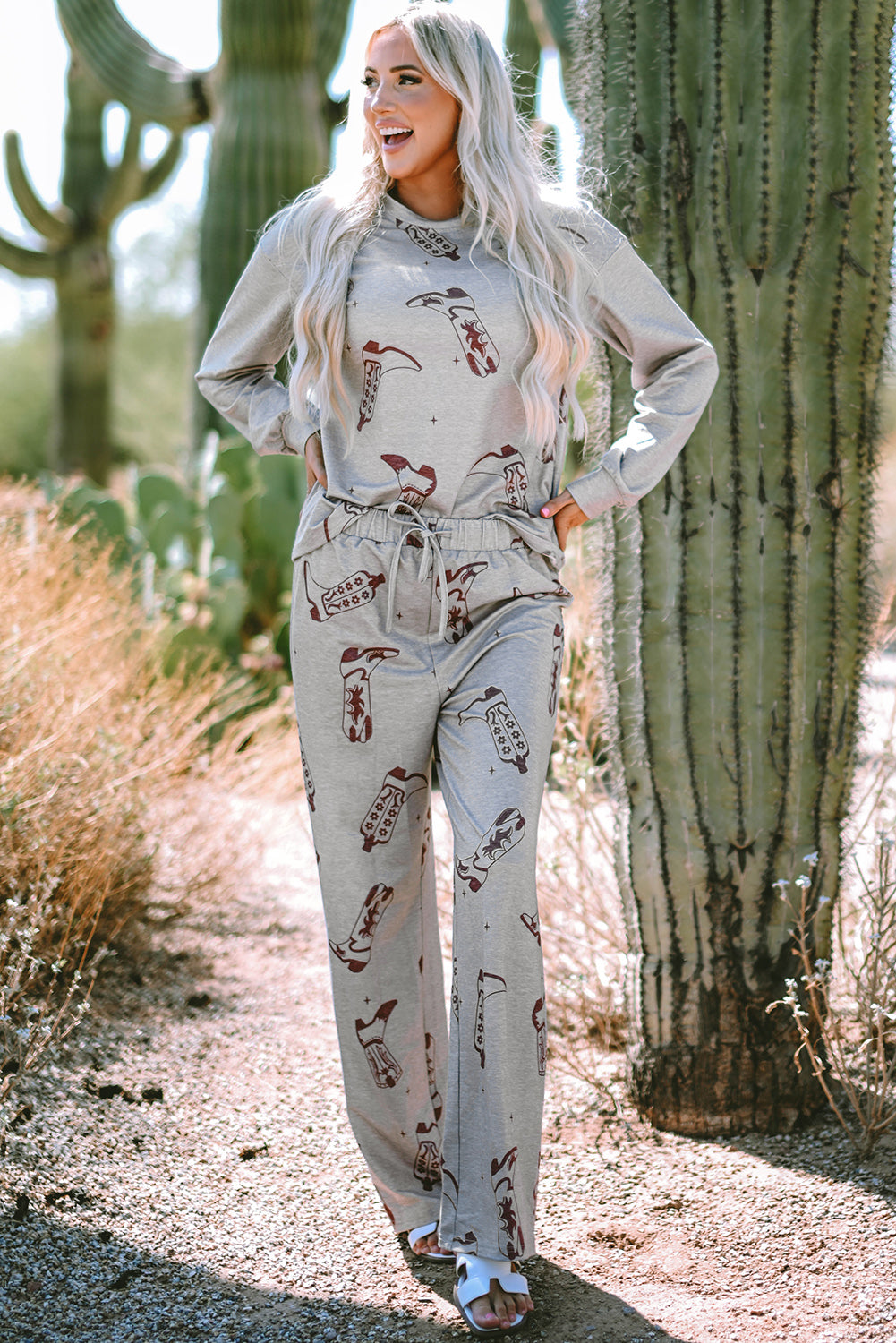 Gray Cowgirl Boots Printed Long Sleeve Top Pants Lounge Set-Chaelisa's New Jammies