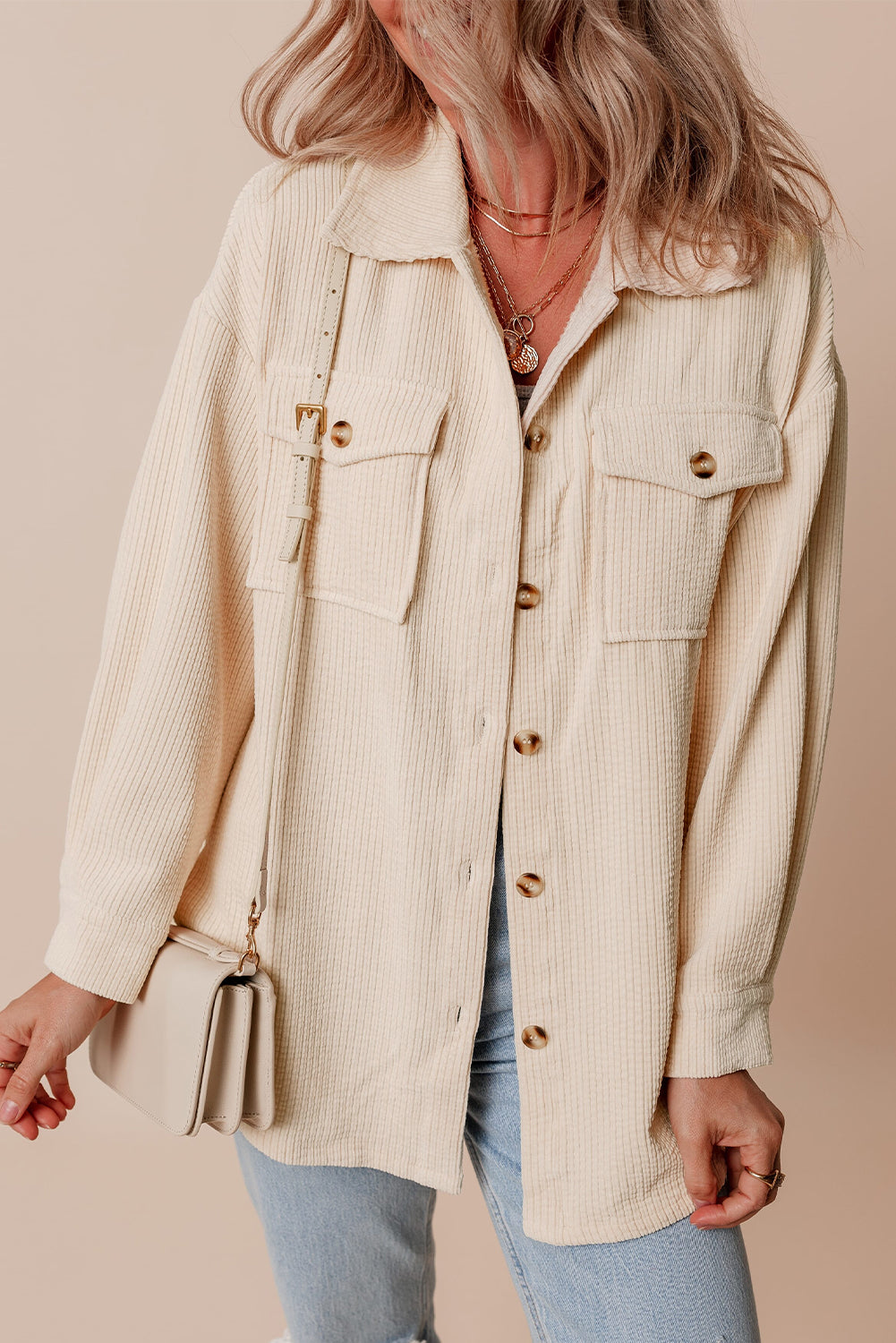 Oatmeal Corduroy Flap Pocket Button Up Shacket-Chaelisa's New Jammies