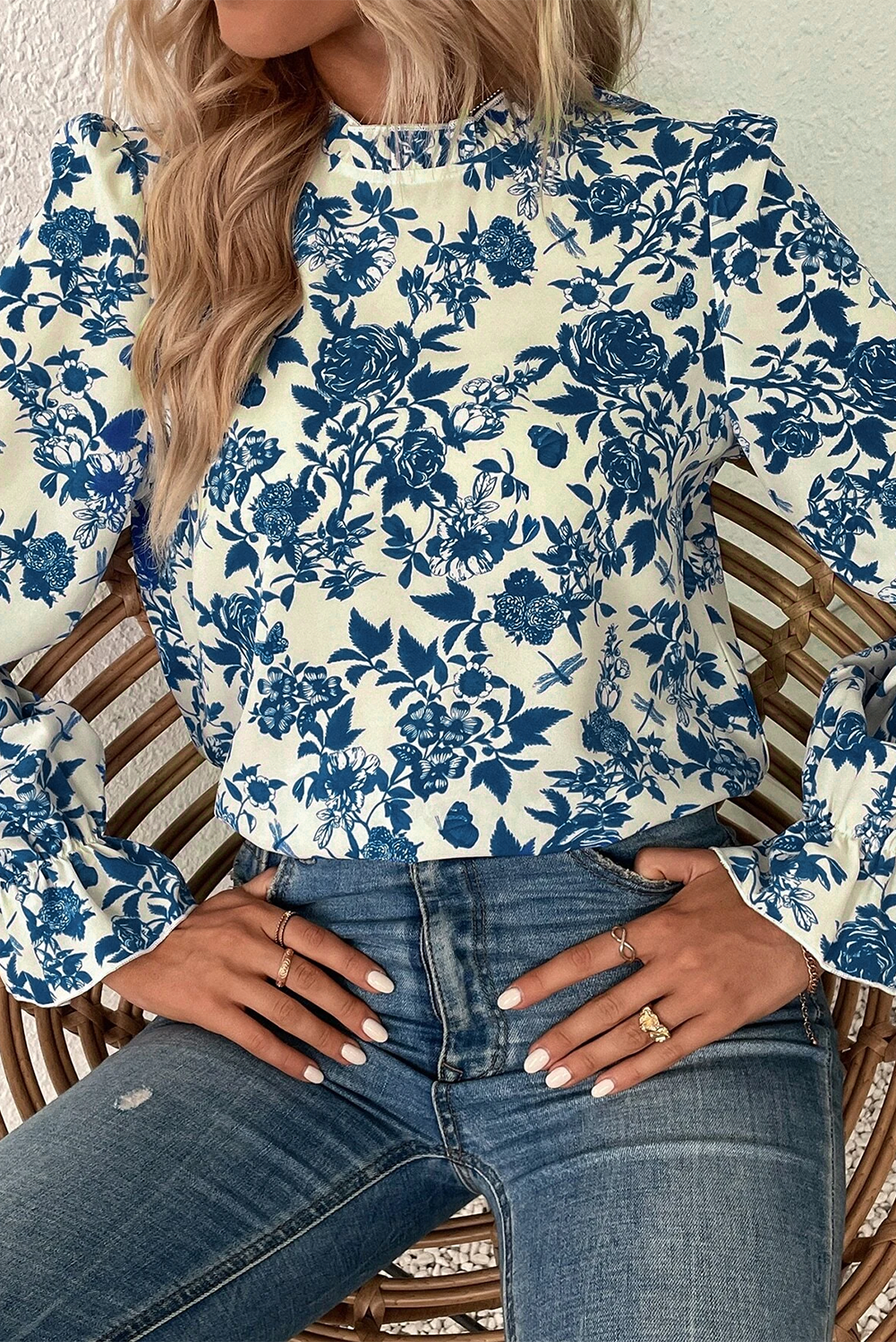 Sky Blue Floral Print Flounce Sleeve Keyhole Back Blouse-Chaelisa's New Jammies