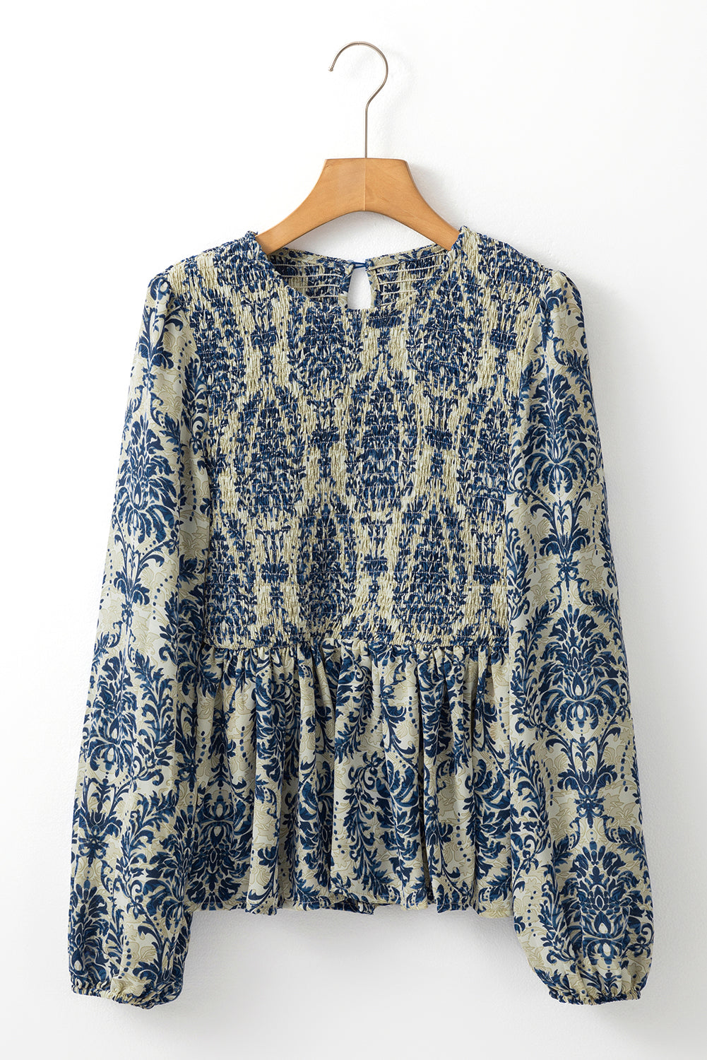 Sky Blue Boho Printed Balloon Sleeve Smocked Peplum Blouse-Chaelisa's New Jammies