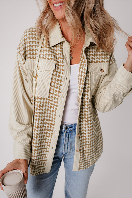 Parchment Houndstooth Corduroy Patchwork Flap Pocket Shacket-Chaelisa's New Jammies