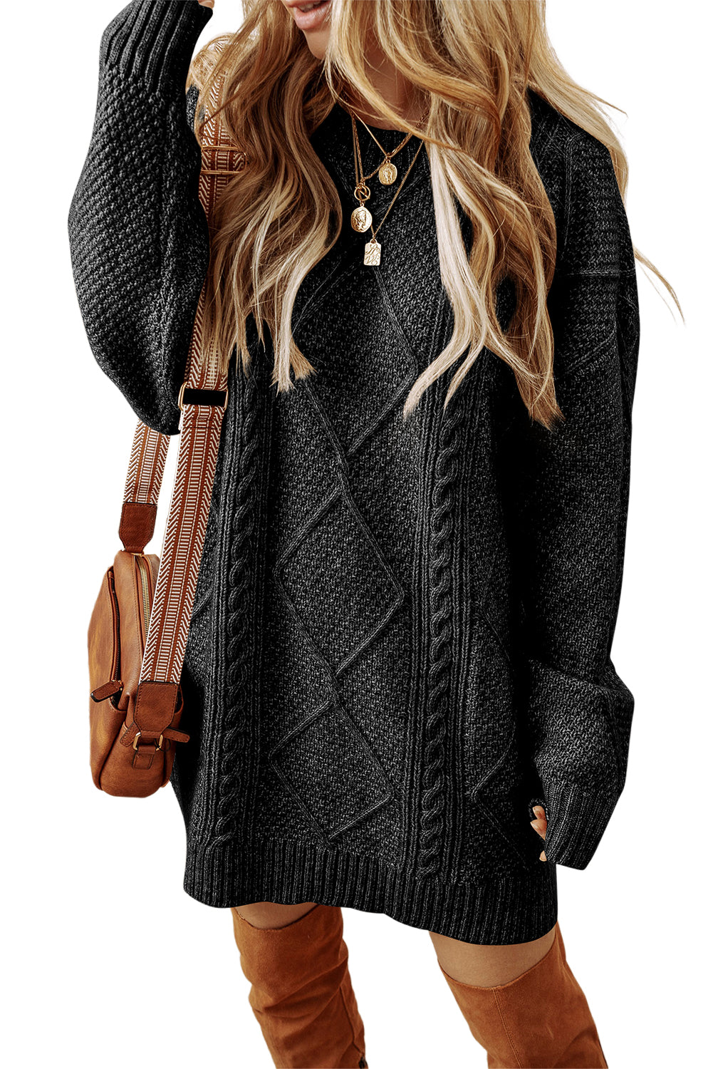 Black Cable Knit Drop Shoulder Loose Fit Sweater Dress-Chaelisa's New Jammies