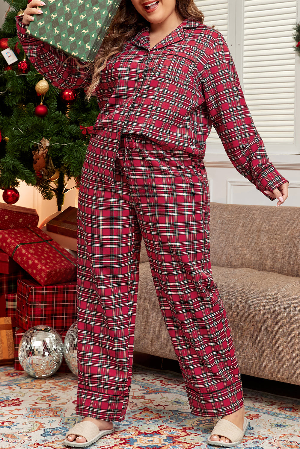 Red Plaid Printed Shirt and Pants Plus Size Lounge Set-Chaelisa's New Jammies
