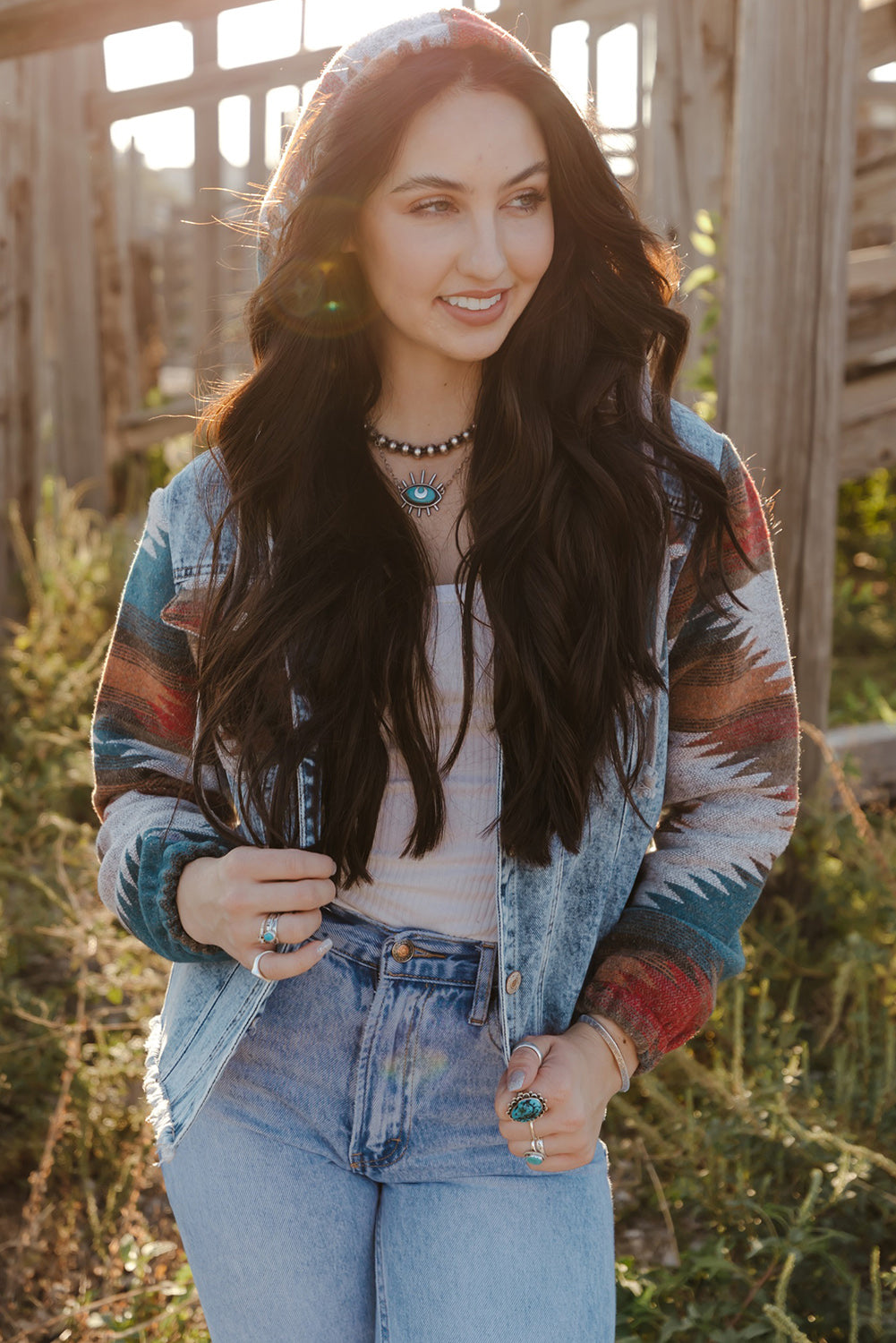 Multicolor Aztec Print Frayed Hem Denim Jacket-Chaelisa's New Jammies