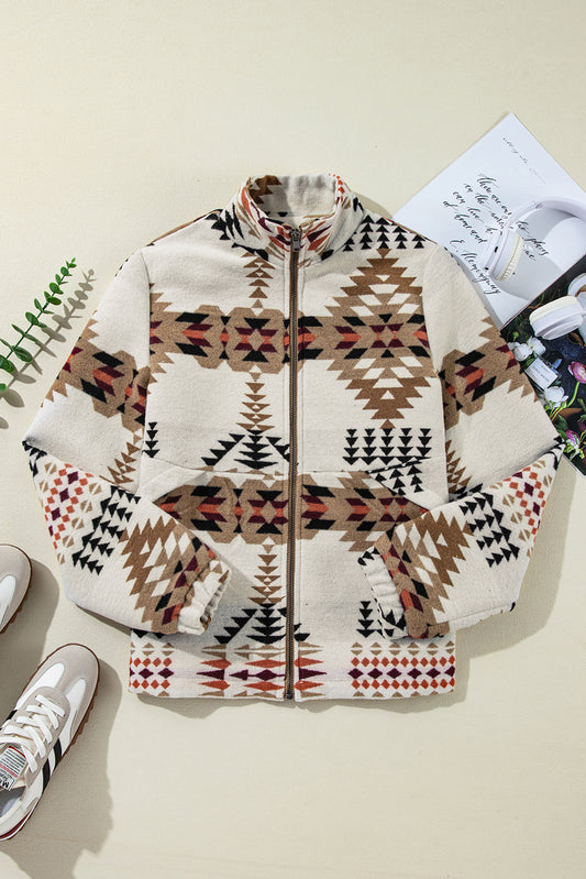 Beige Aztec Printed Stand Neck Zip Up Jacket-Chaelisa's New Jammies
