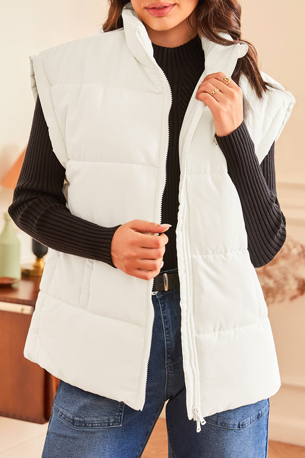 Beige Zipper Stand Neck Oversized Puffer Vest-Chaelisa's New Jammies