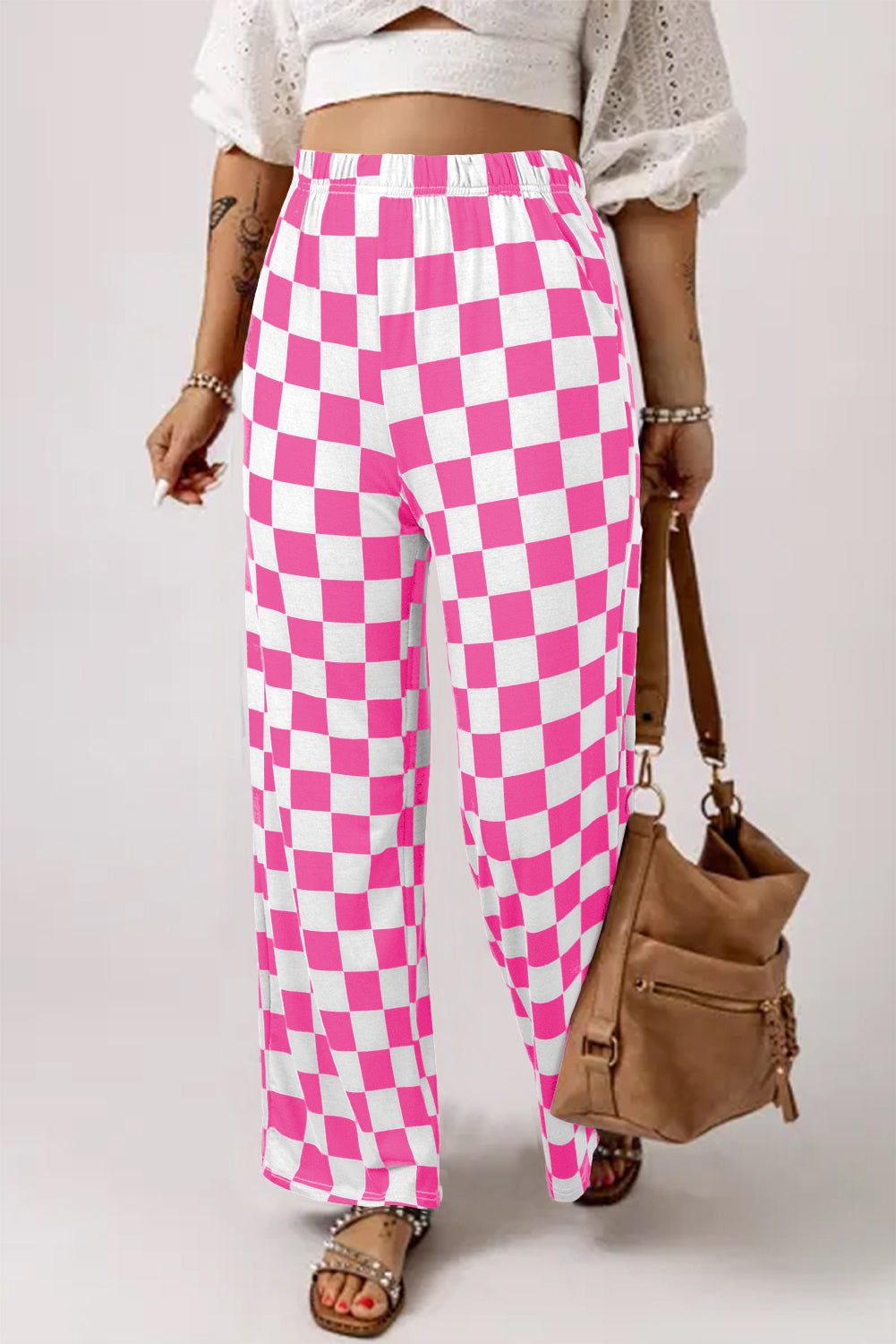 Bonbon 2-Tone Checked Print High Waist Wide Leg Pants-Chaelisa's New Jammies