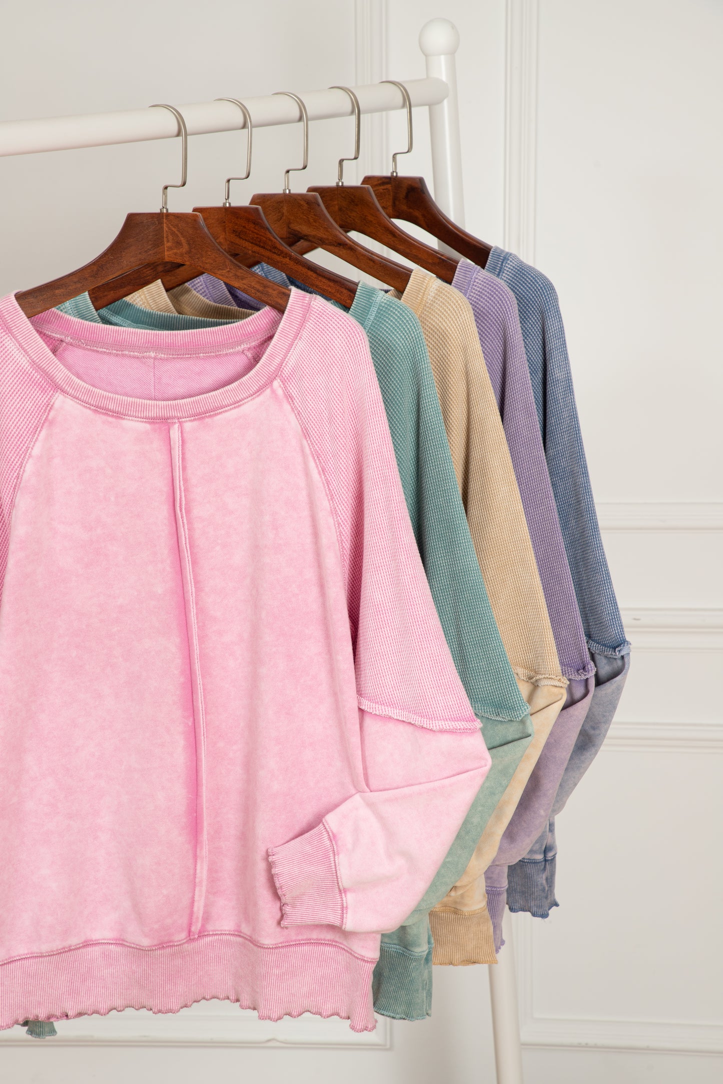 Mineral Blue Solid Waffle Knit Patchwork Raglan Sleeve Sweatshirt-Chaelisa's New Jammies