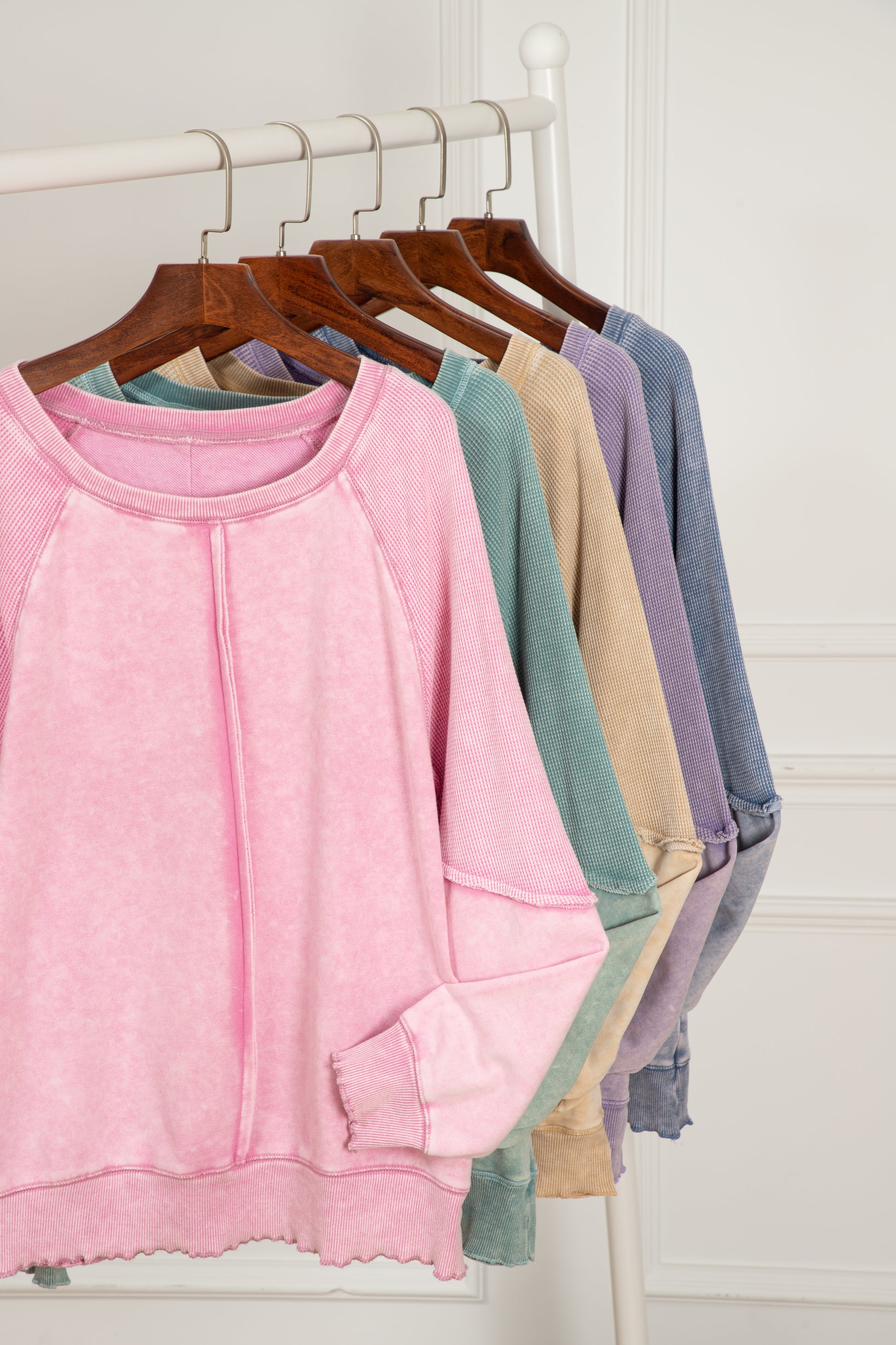 Mineral Blue Solid Waffle Knit Patchwork Raglan Sleeve Sweatshirt-Chaelisa's New Jammies