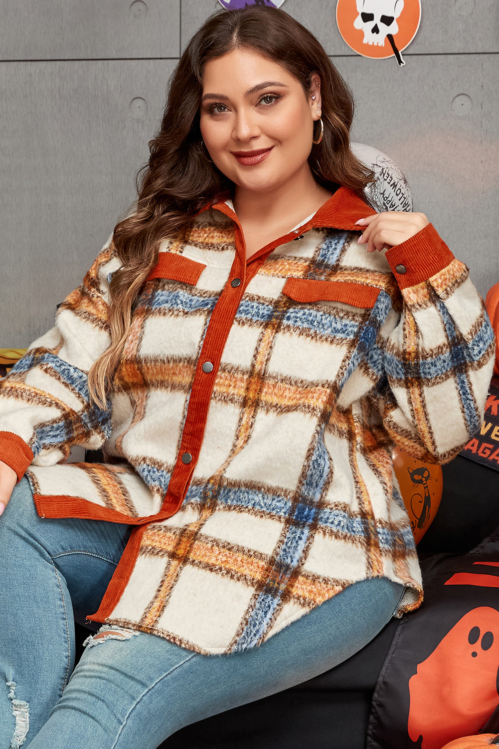 Brown Stripe Plus Size Plaid Print Collared Buttoned Jacket-Chaelisa's New Jammies