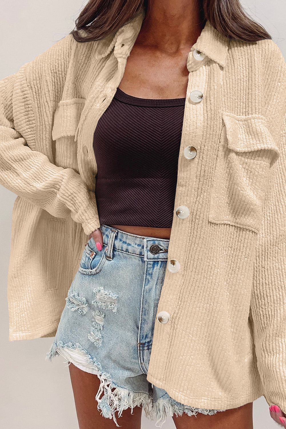 Apricot Solid Color Corduroy Buttoned Long Sleeve Shacket-Chaelisa's New Jammies