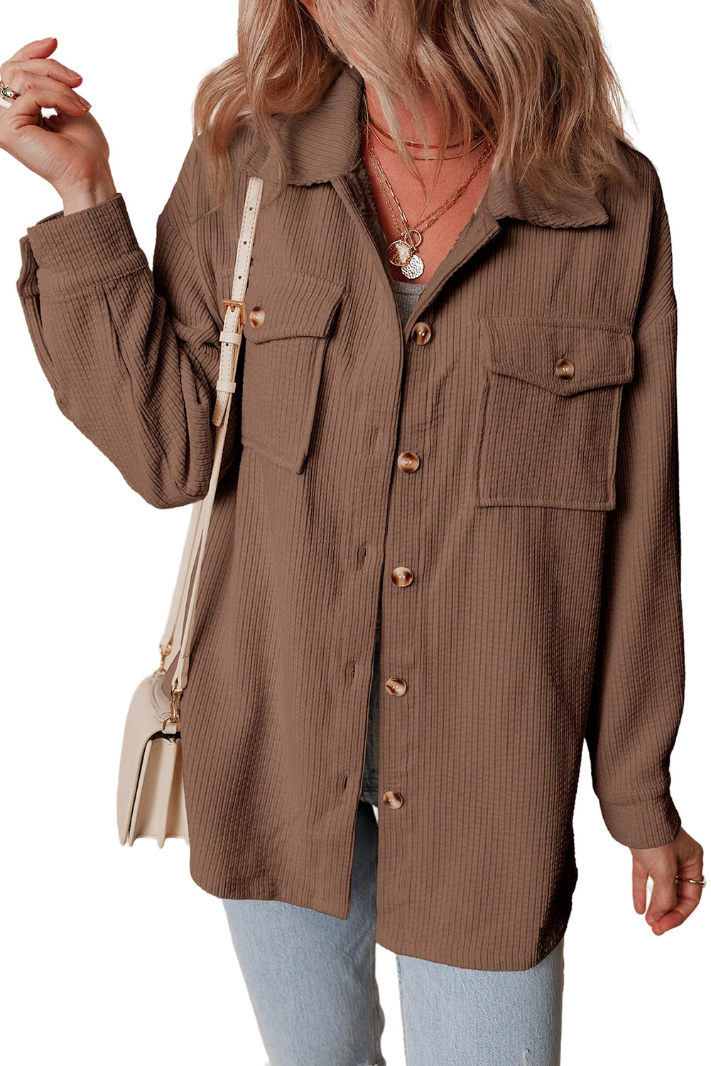 Chestnut Corduroy Flap Pocket Button Up Shacket-Chaelisa's New Jammies