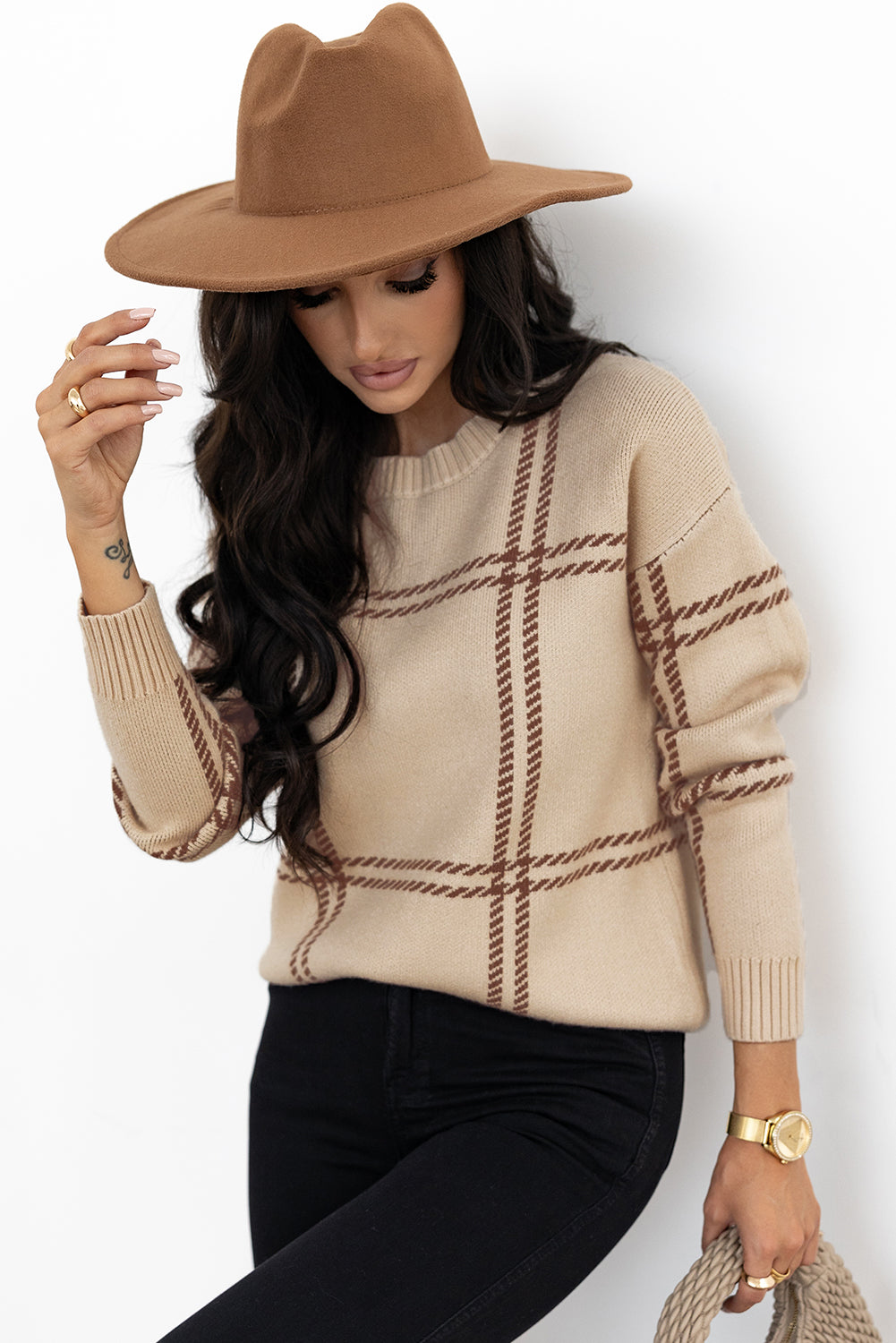 Khaki Plaid Pattern Knitted Drop Shoulder Sweater-Chaelisa's New Jammies