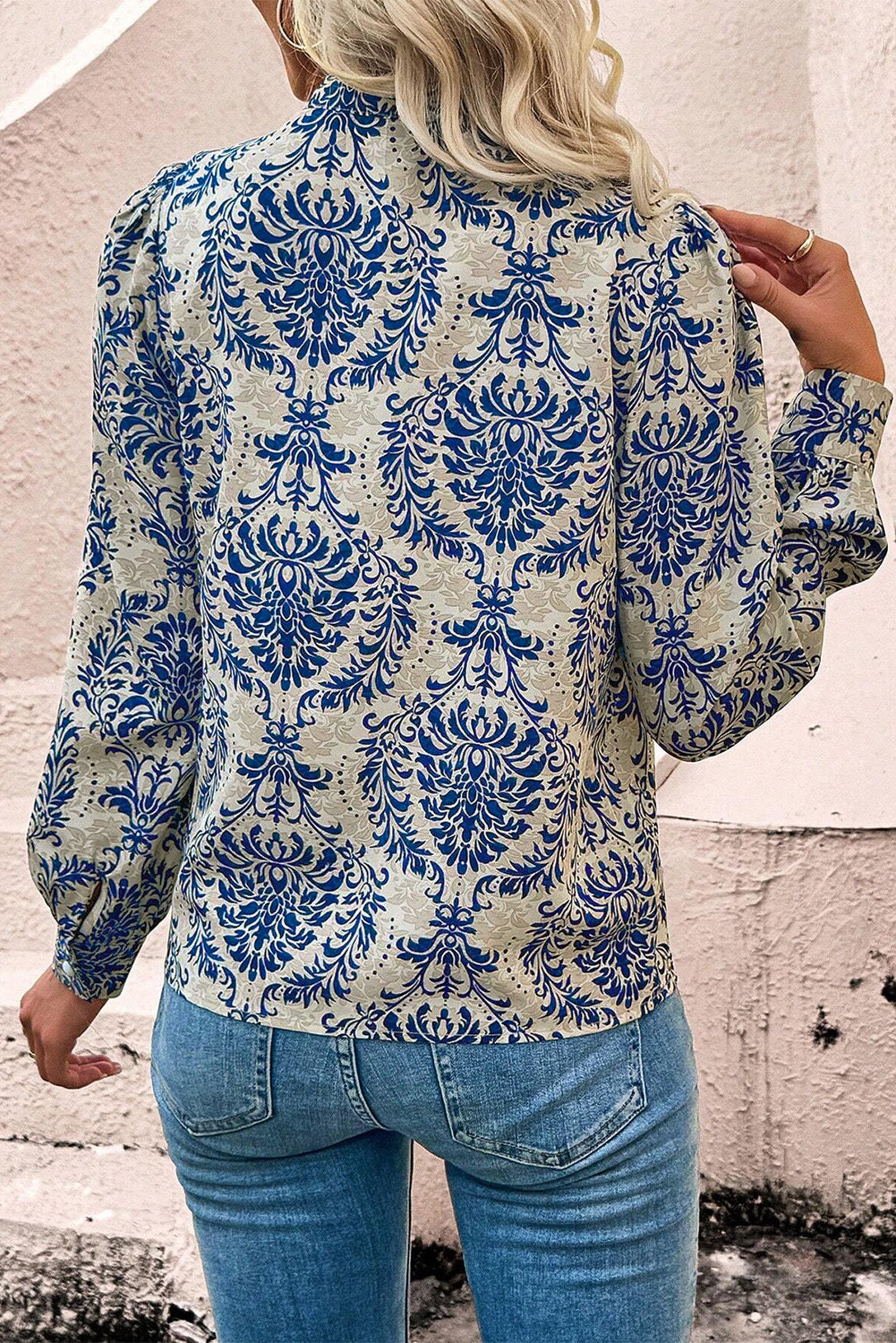 Sky Blue Bohemian Printed Bishop Sleeve Lace Shirt-Chaelisa's New Jammies