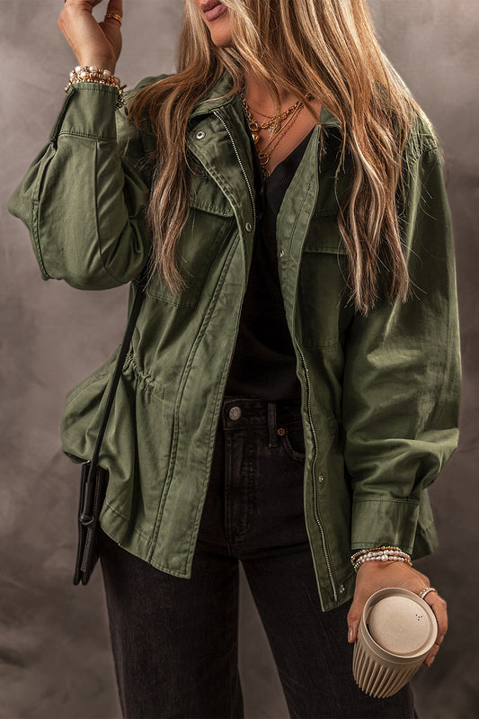 Moss Green Snap Button Zipper Tight Waist Collared Jacket-Chaelisa's New Jammies