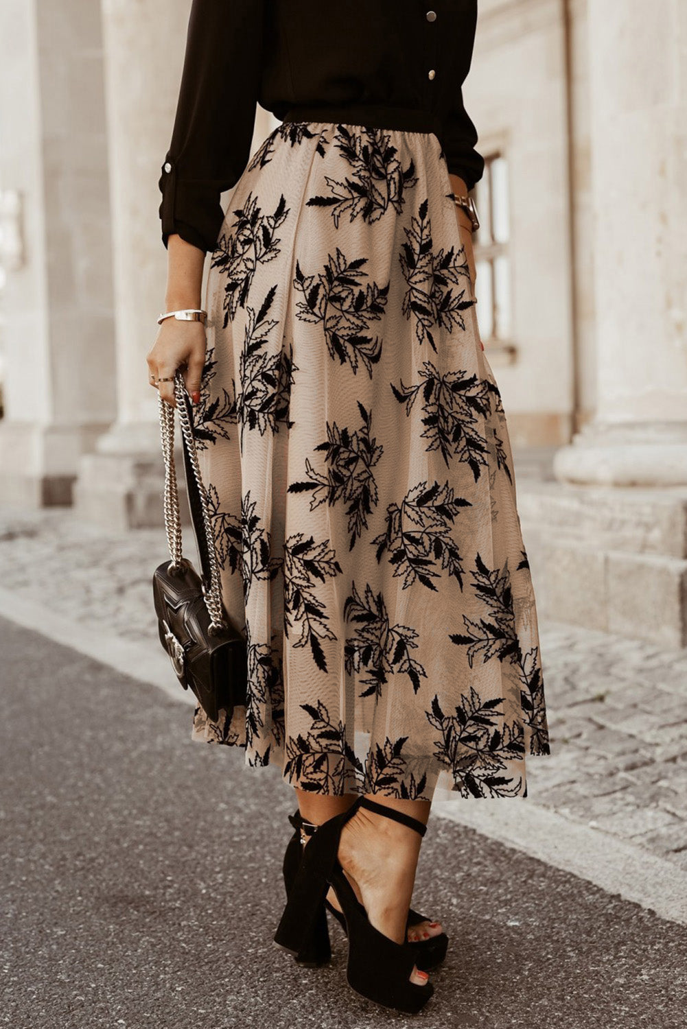 Apricot Floral Leaves Embroidered High Waist Maxi Skirt-Chaelisa's New Jammies