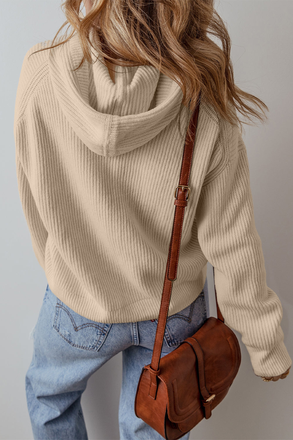 Beige Solid Color Drawstring Hooded Drop Shoulder Pullover Sweater-Chaelisa's New Jammies