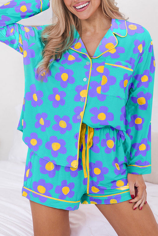 Green Flower Print Long Sleeve Shirt Shorts Pajamas Set-Chaelisa's New Jammies