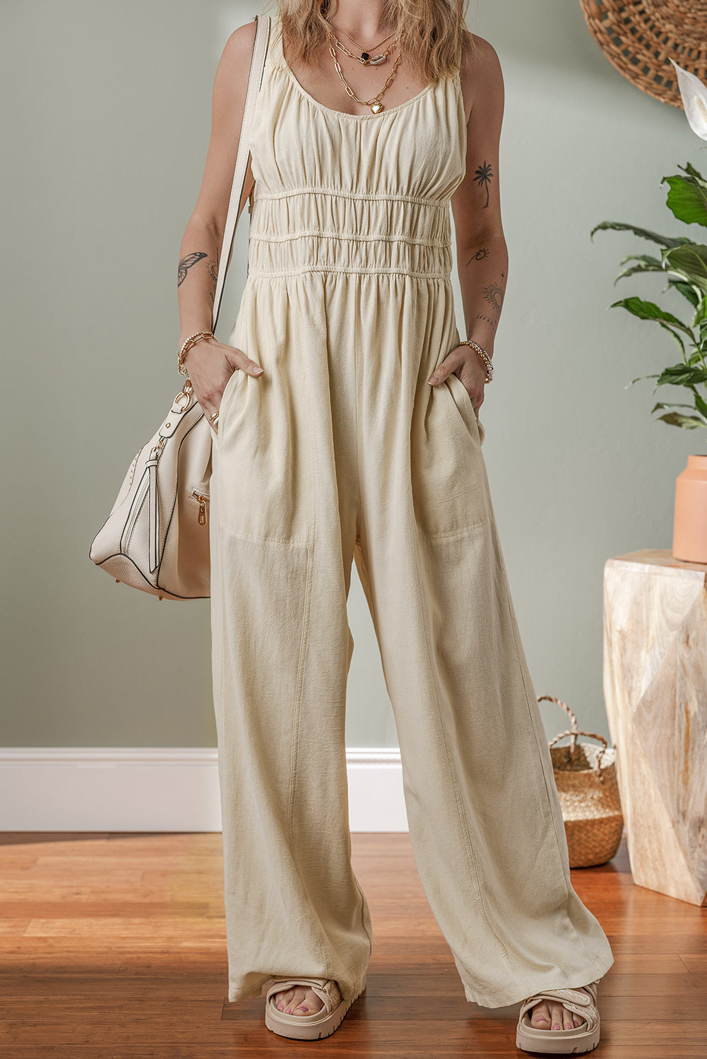 Beige Ruched High Waist Sleeveless Wide Leg Jumpsuit-Chaelisa's New Jammies