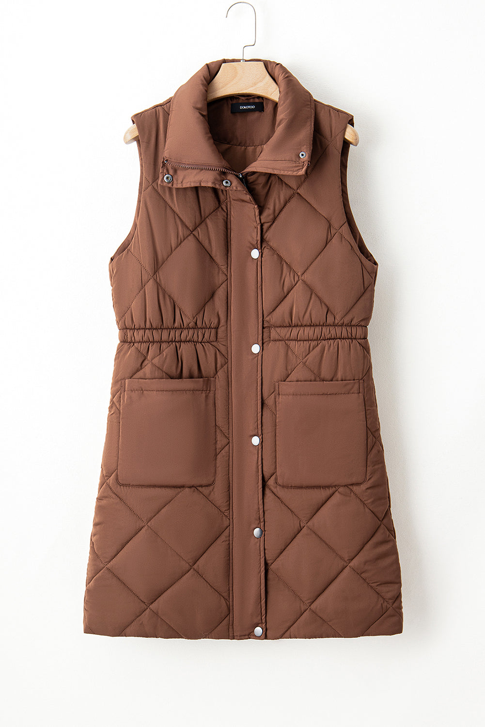 Coffee Longline Quilted Stand Collar Puffer Vest-Chaelisa's New Jammies