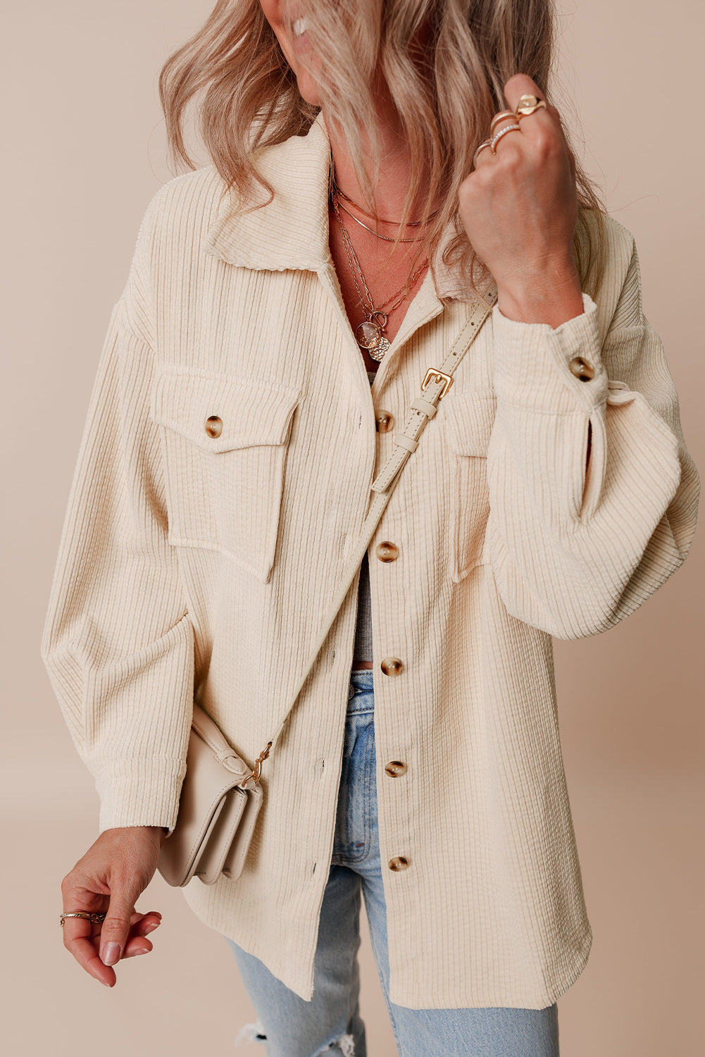 Oatmeal Corduroy Flap Pocket Button Up Shacket-Chaelisa's New Jammies