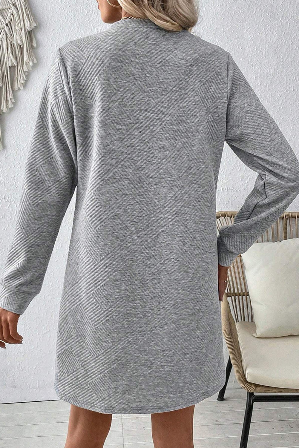 Gray Solid Color Textured Long Sleeve Shift Dress-Chaelisa's New Jammies