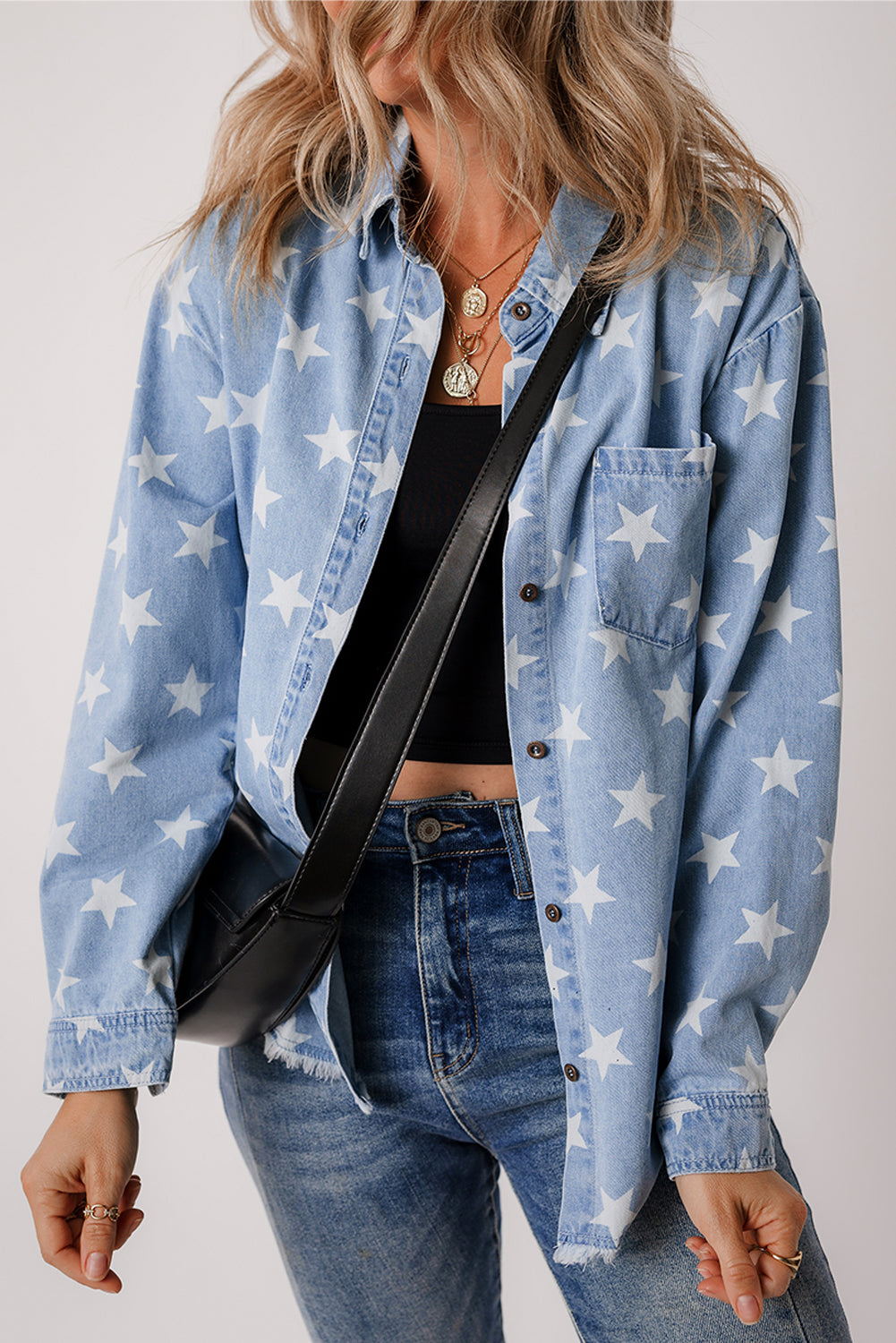 Sky Blue Star Print Light Wash Raw Hem Denim Jacket-Chaelisa's New Jammies