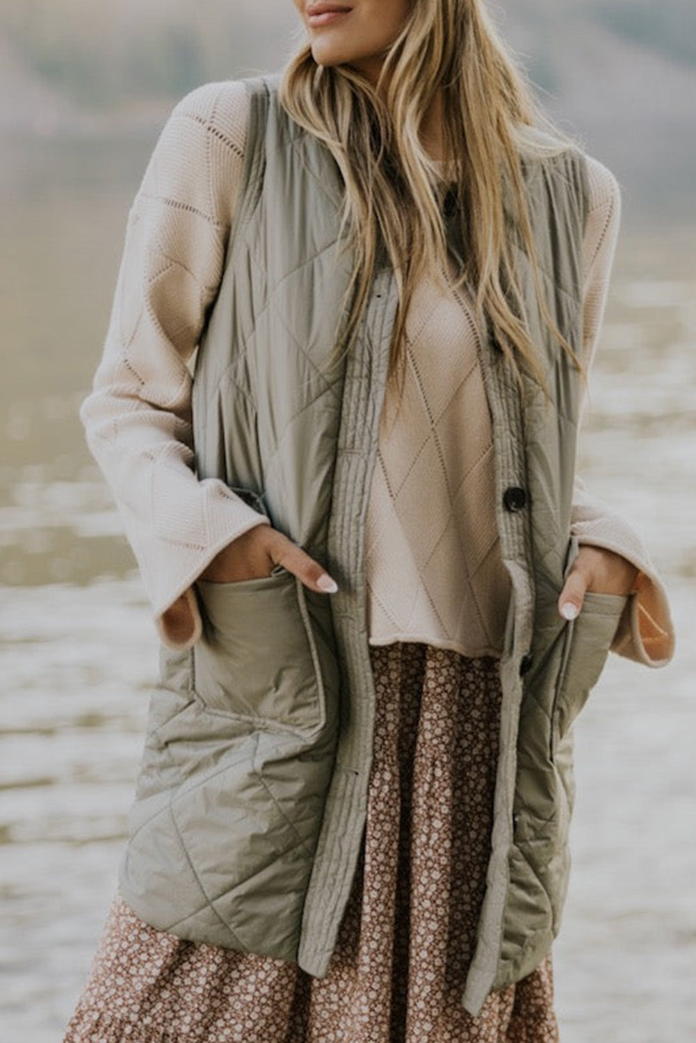 Grass Green Quilted Long Vest Jacket with Pockets-Chaelisa's New Jammies