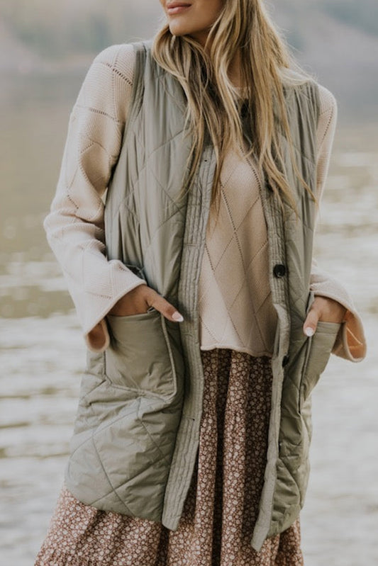 Grass Green Quilted Long Vest Jacket with Pockets-Chaelisa's New Jammies