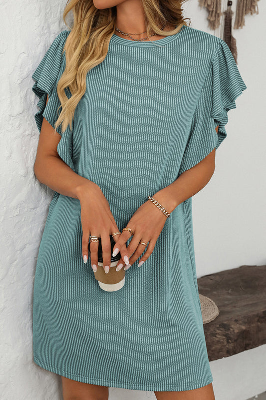 Canton Corded Ruffle Sleeve Crew Neck Shift Dress-Chaelisa's New Jammies