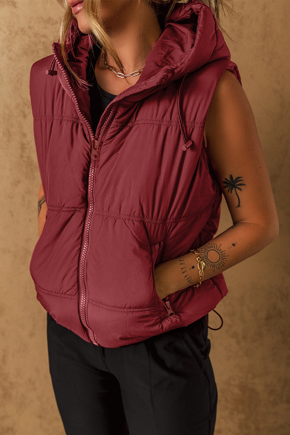 Clay Zip-up Side Pockets Hooded Puffer Vest-Chaelisa's New Jammies