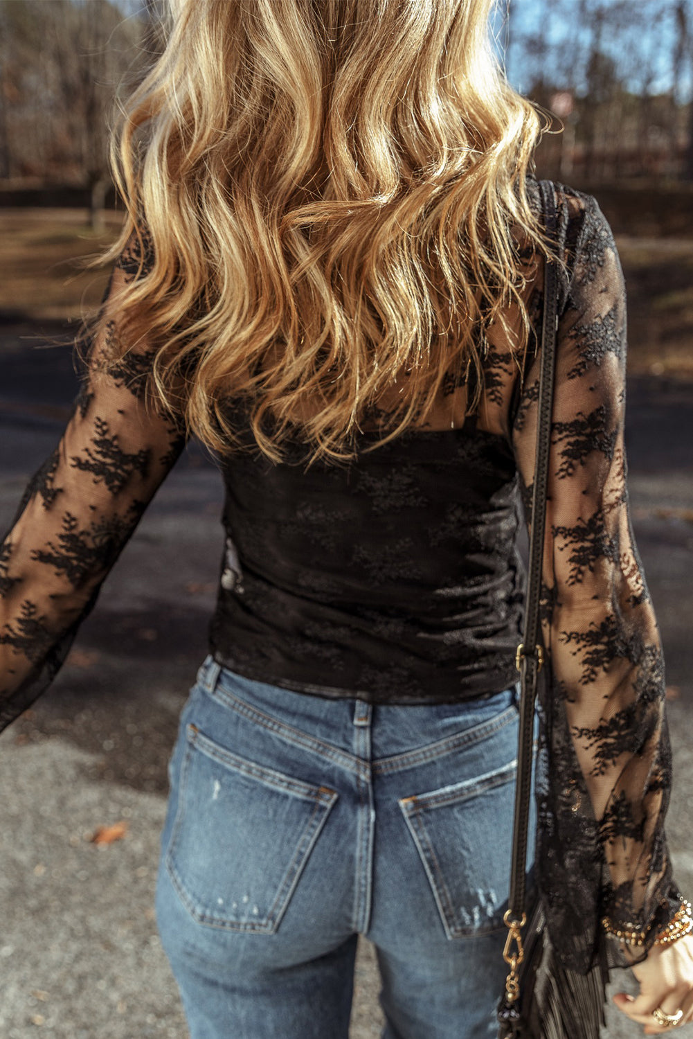Black Lace Mesh Crochet Splicing Slim Fit Long Sleeve Blouse-Chaelisa's New Jammies