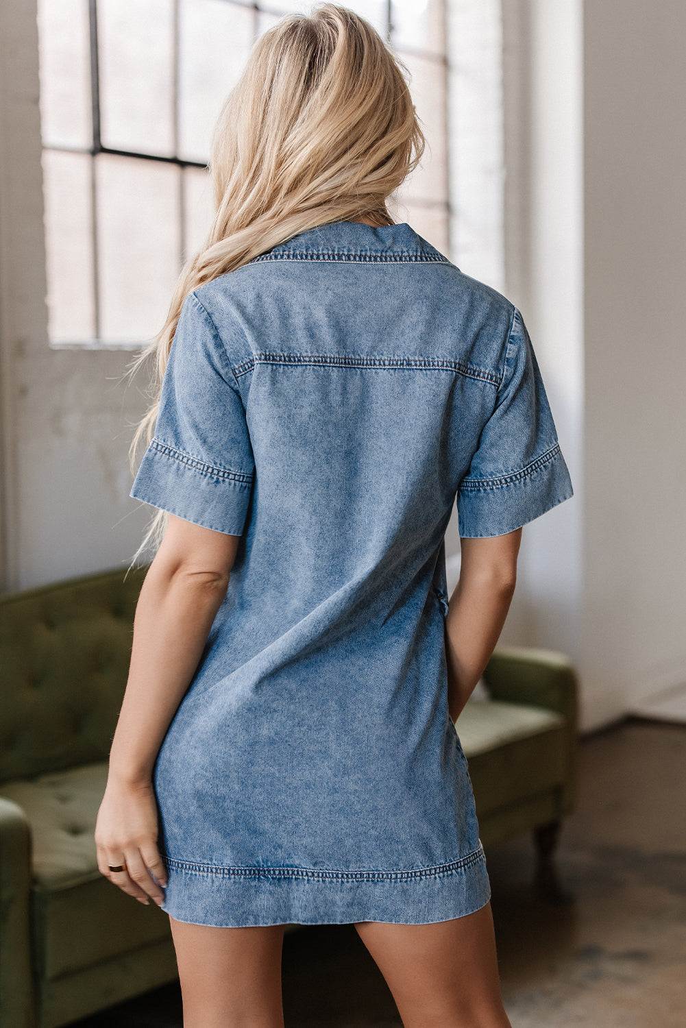 Beau Blue Short Sleeve Collared Patched Pocket Denim Mini Dress-Chaelisa's New Jammies