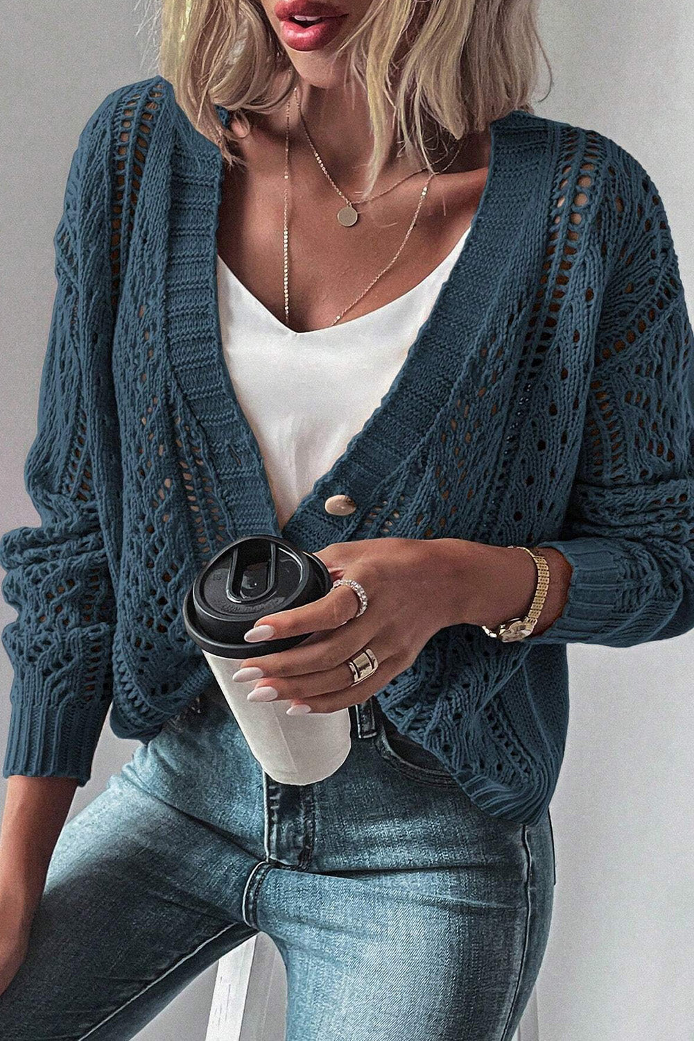 Real Teal Open Knit Drop Shoulder Sweater Cardigan-Chaelisa's New Jammies