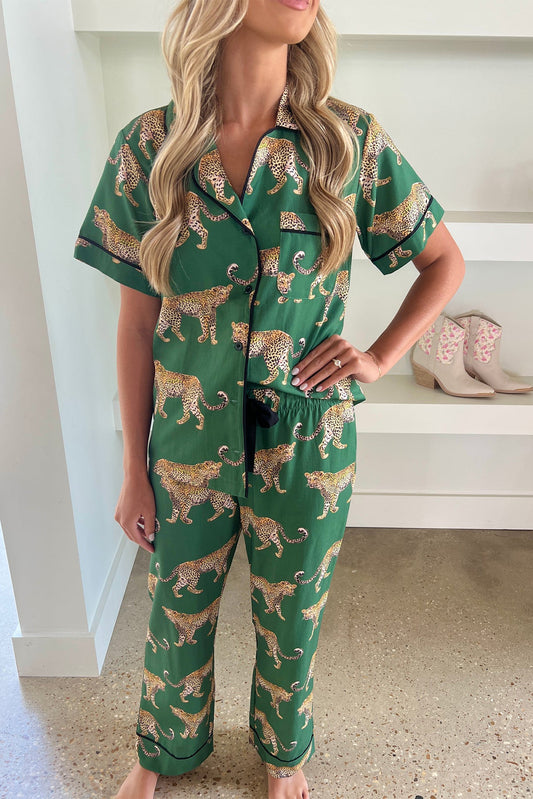 Green Cheetah Print Short Sleeve Shirt and Pants Pajama Set-Chaelisa's New Jammies