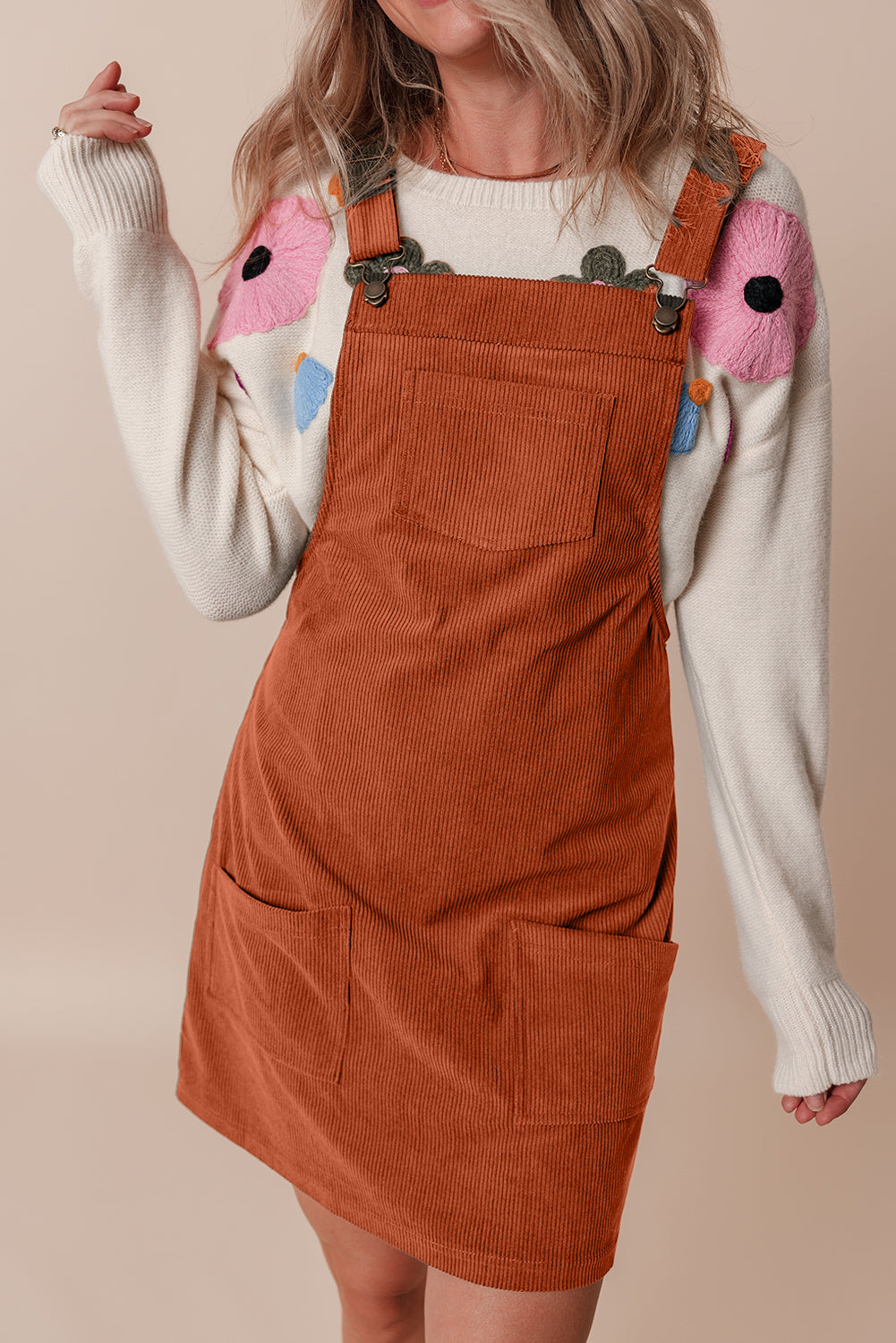 Cinnamon Solid Front Pockets Sleeveless Corduroy Overall Dress-Chaelisa's New Jammies