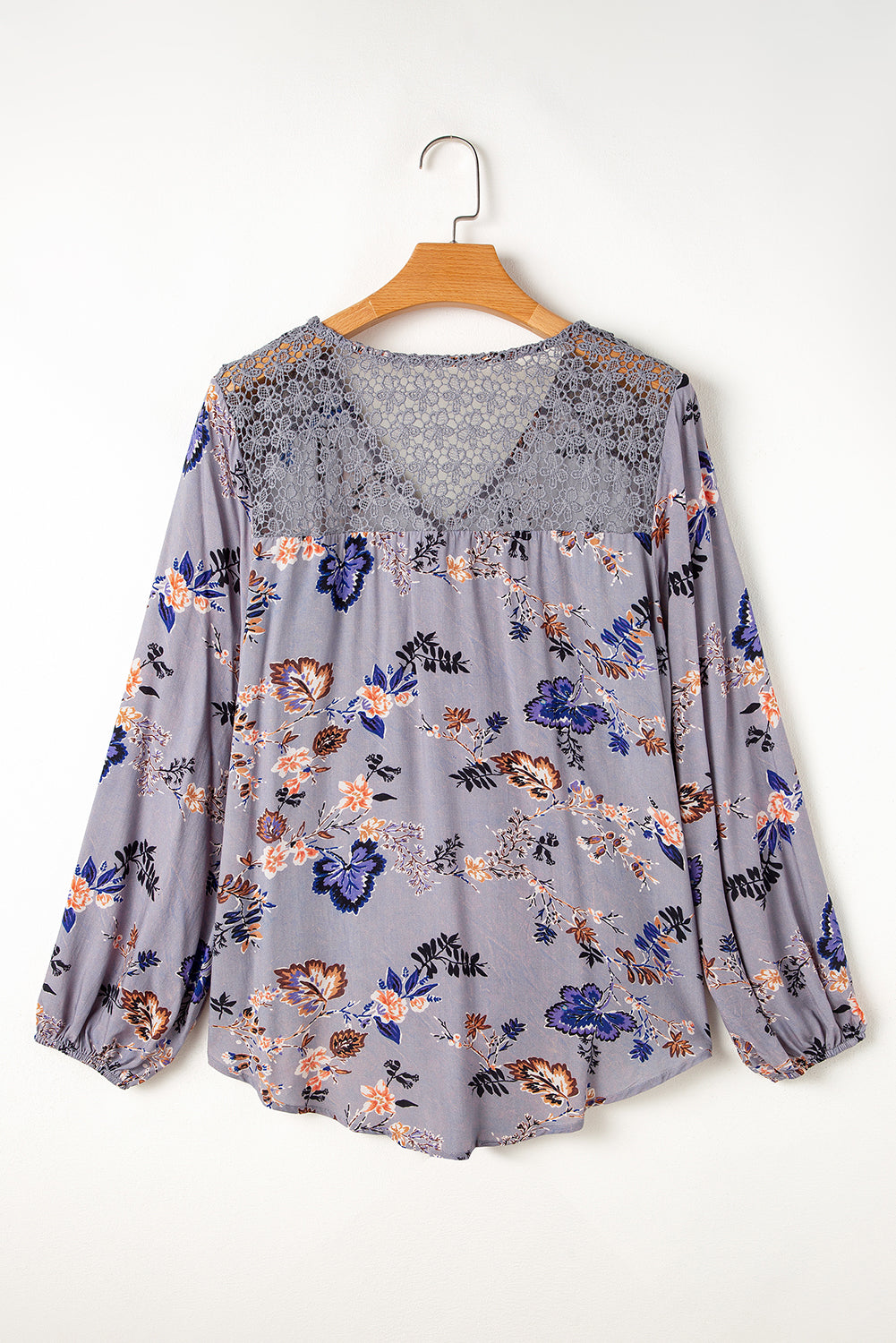 Sky Blue Floral Print Lace Patchwork Knot Front V Neck Blouse-Chaelisa's New Jammies