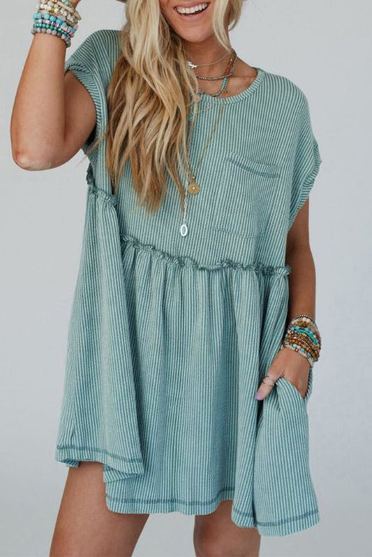 Canton Corded Knit Textured Patched Pocket Frilled Swing Mini Dress with Pockets - Chaelisa's New Jammies